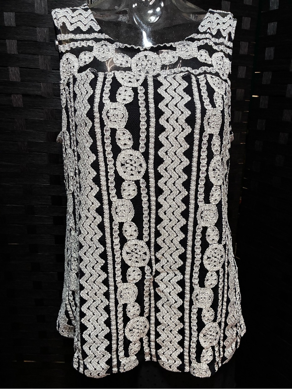 Alfani Black and White Crochet-Overlay Sleeveless Top